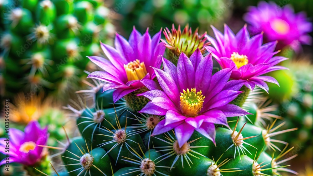 Fototapeta premium A close-up shot of a green cactus plant with vibrant purple flowers and yellow pollen, succulent garden, flora