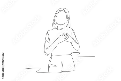 Woman makes a thank you gesture. Thank you concept one-line drawing