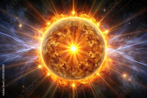 A close-up of a star's corona with solar flares and sunspots, radiant energy, fiery plasma, astronomy