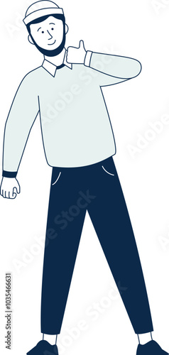 A man is standing with his hands on his hips and giving a thumbs up