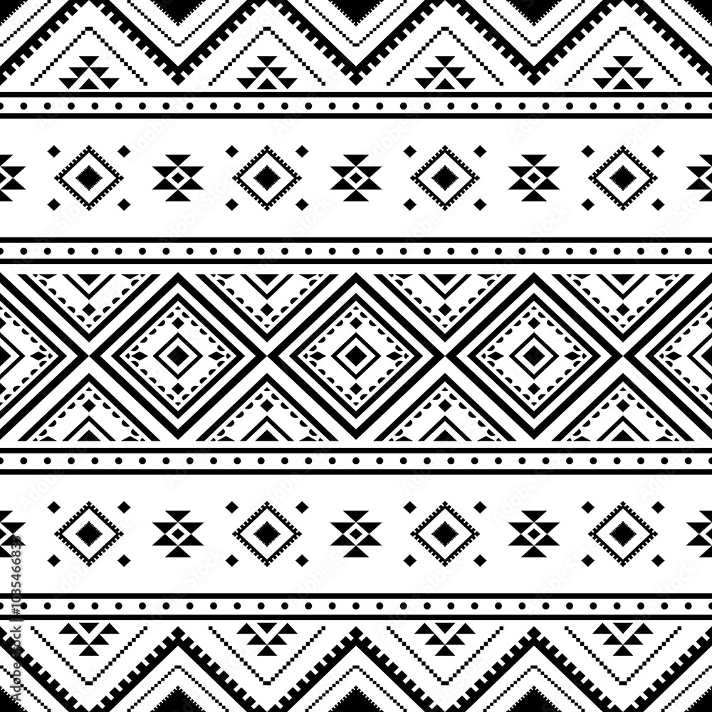 Ancient echoes Aztec geometric abstract seamless patterns southwest Navajo Native American tribal ethnic modern black and white for textile printing Ancient echoes Aztec geometric abstract seamless patterns southwest Navajo Native American tribal ethnic modern black and white for textile printing