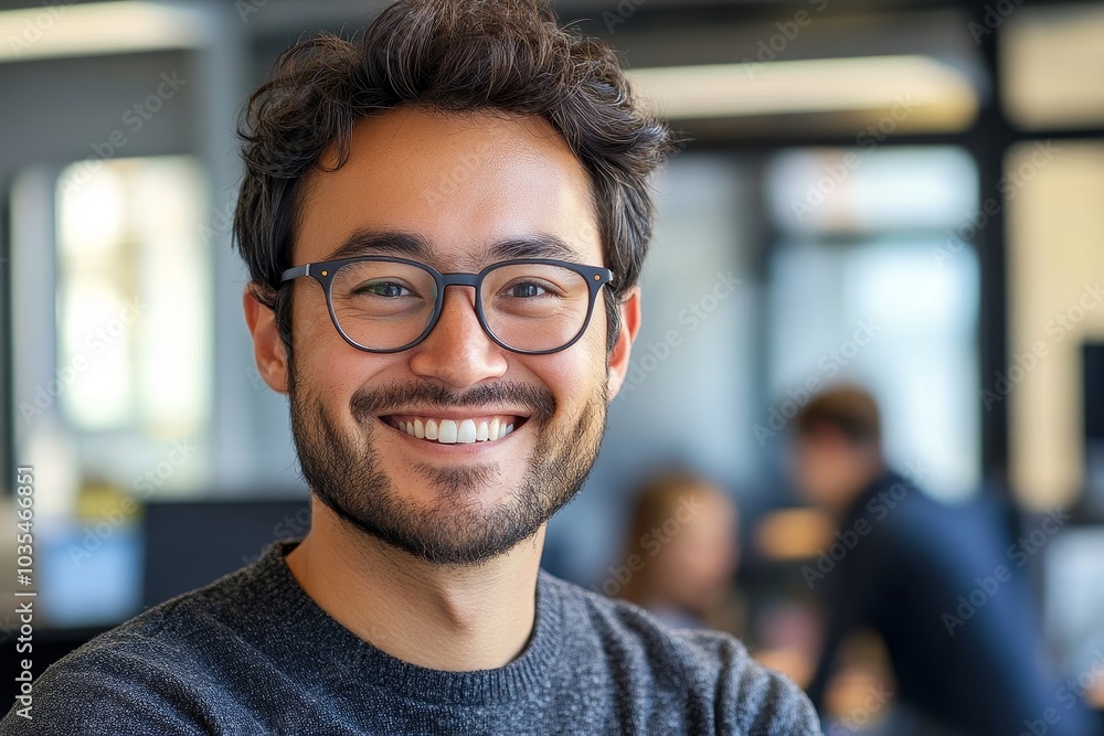 Cheerful software developer smiling in an office, Generative AI Cheerful software developer smiling in an office, Generative AI