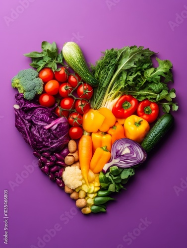 A colorful heart shape created with fresh vegetables, symbolizing healthy eating, vibrant life, love for nature, a balanced diet, and delicious food.