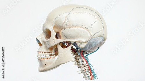 A detailed anatomical illustration of a human skull, showcasing the intricate bone structure and sutures of the cranium, as well as the delicate features of the facial bones. photo