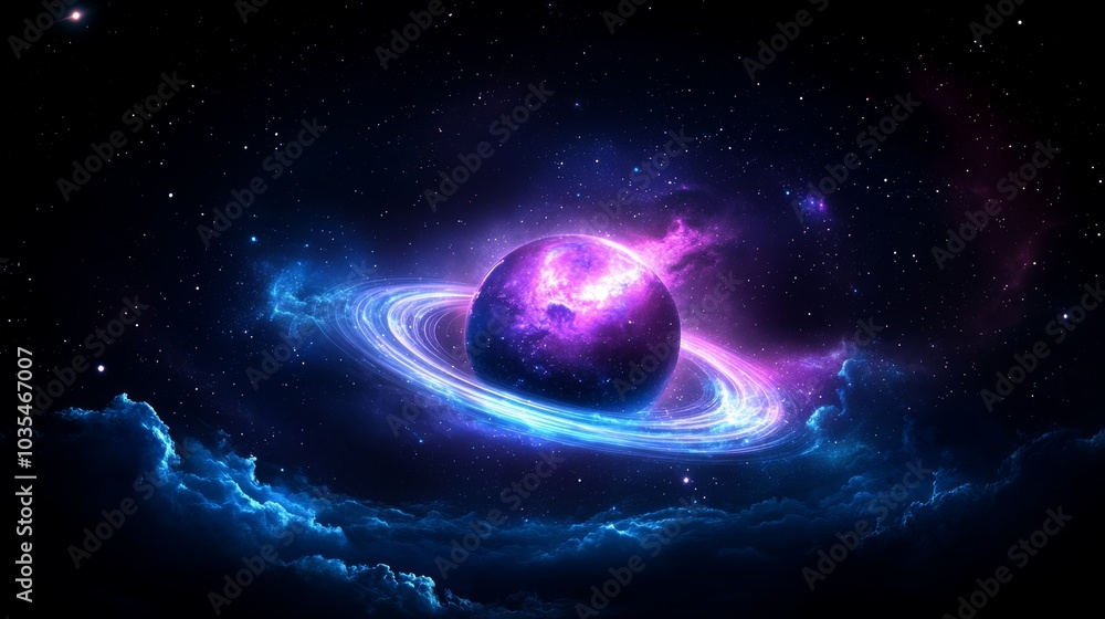 Obraz premium Cosmic scene of a vibrant planet with glowing rings