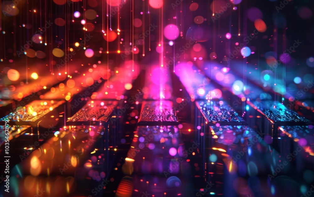 A vibrant, colorful abstract pattern featuring glowing lights and reflections, creating a mesmerizing visual effect. A vibrant, colorful abstract pattern featuring glowing lights and reflections, creating a mesmerizing visual effect.