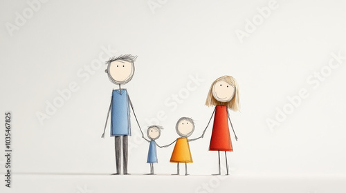 A happy family of five stick figures, symbolizing love, unity, and togetherness. The stick figures are drawn in a simple, minimalist style with bright colors representing joy and happiness. This image