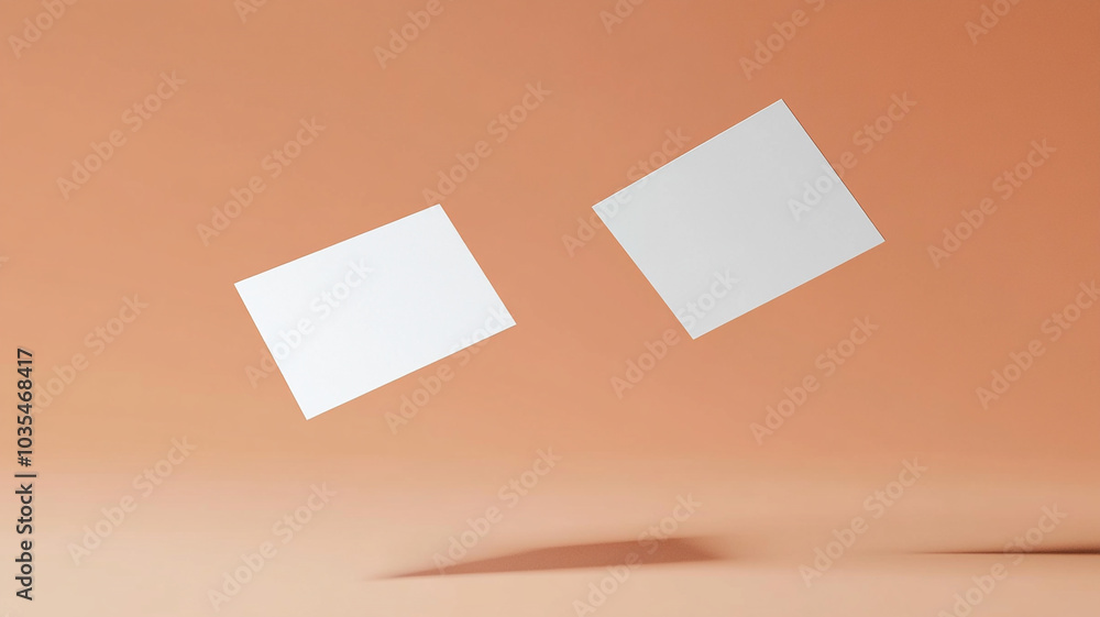 Two white business cards flying on a pastel color background Two white business cards flying on a pastel color background