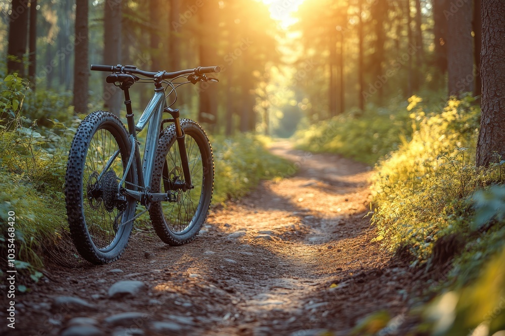 A mountain bike stands by a sunlit trail, with golden light streaming through the trees in a peaceful forest setting A mountain bike stands by a sunlit trail, with golden light streaming through the trees in a peaceful forest setting