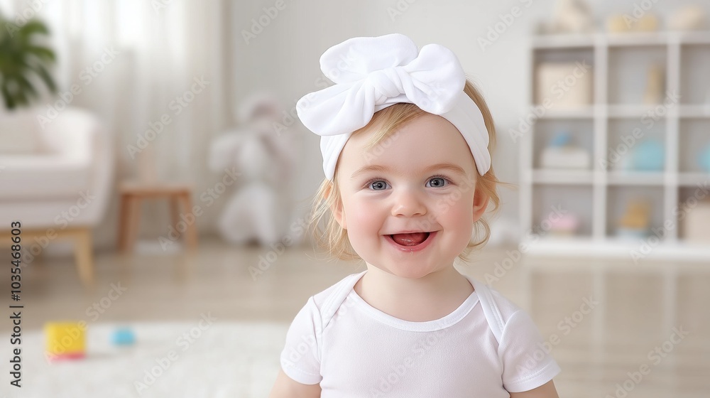 Joyful toddler in white outfit with bow in brightly lit living room