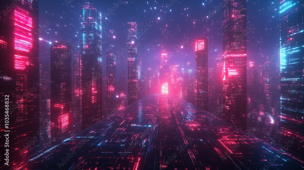 Obraz premium Futuristic neon cityscape at night - digital urban landscape with glowing skyscrapers