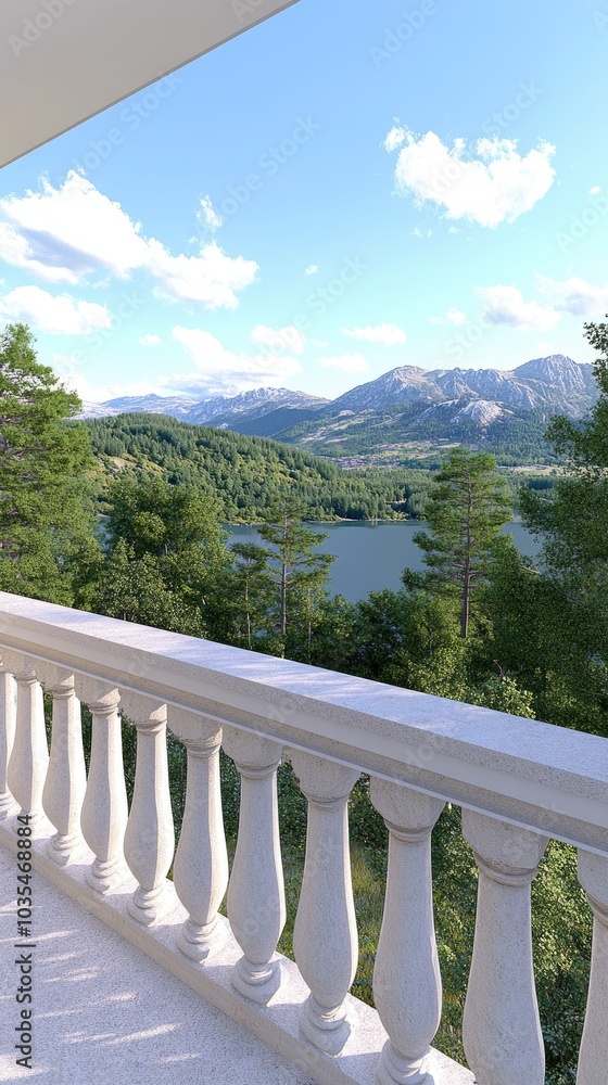 A stunning perspective from the balcony showcases Lake Bled's crystal waters, marble architecture, and picturesque mountains on a sunny day A stunning perspective from the balcony showcases Lake Bled's crystal waters, marble architecture, and picturesque mountains on a sunny day