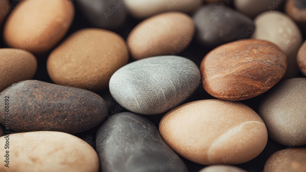 Variety of smooth pebbles on a surface, showcasing natural colors and textures. Variety of smooth pebbles on a surface, showcasing natural colors and textures.
