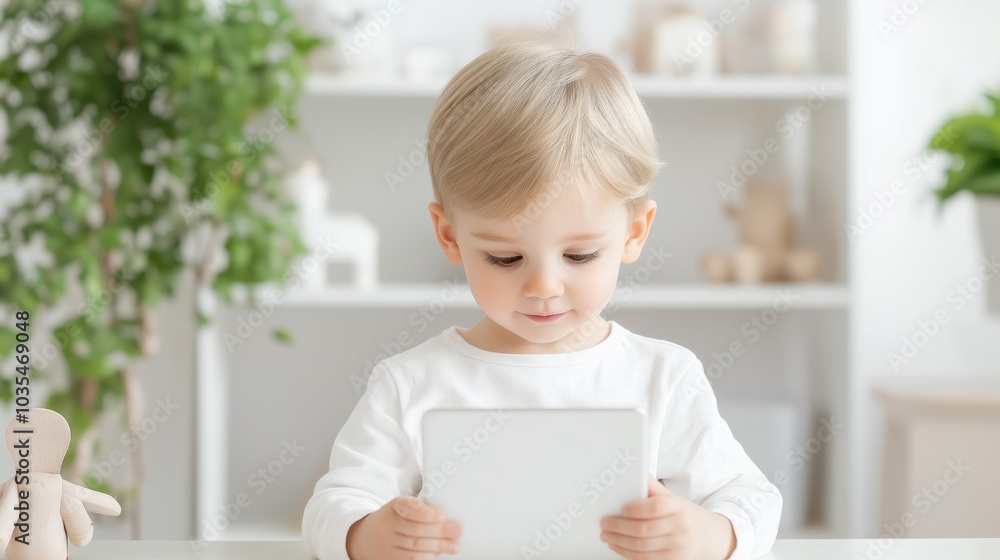 Young child engaging in interactive learning with tablet in calm home setting Young child engaging in interactive learning with tablet in calm home setting