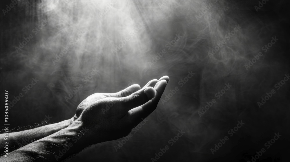 © dony - Hand prayer god faith holy worship on hope religion background of believe church pray jesus christian religious grace black white concept or love spiritual bible peace and spirit trust blessed light