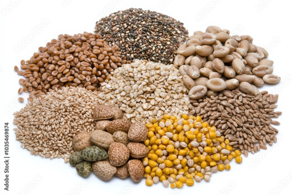 Naklejka premium A Colorful Array of Nutrient-Rich Grains and Seeds Showcasing Nature's Bounty for a Healthy Lifestyle and Diet