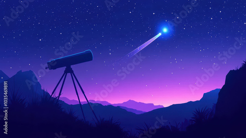 Vibrant Stargazing Scene: Bright Comet and Telescope Silhouette Against a Deep Blue and Purple Night Sky. Minimalist Design with Outline of Constellations and Light Texture.