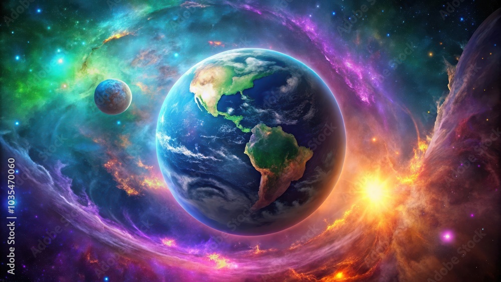 A celestial tapestry of swirling nebulae, vibrant hues, and a majestic Earth, revealing the wonders of the cosmos. A celestial tapestry of swirling nebulae, vibrant hues, and a majestic Earth, revealing the wonders of the cosmos.