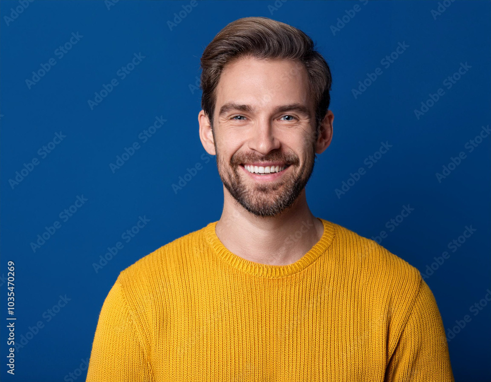 Portrait of Young Handsome Man Happily Smiling Against Blue Studio Background Portrait of Young Handsome Man Happily Smiling Against Blue Studio Background