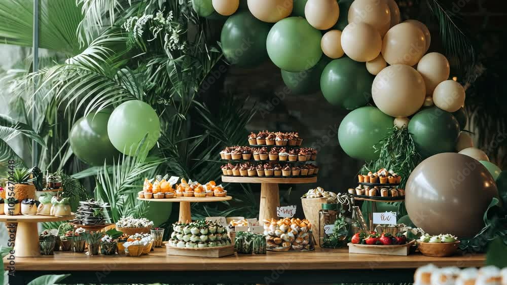 A table is set with an assortment of desserts and snacks, surrounded by lush greenery and balloons for a festive occasion A table is set with an assortment of desserts and snacks, surrounded by lush greenery and balloons for a festive occasion