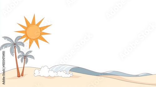 A whimsical line drawing of a sandy beach with palm trees, a sun, and a wave crashing on the shore. The illustration is perfect for representing summertime fun, tropical vacations, and carefree relaxa photo