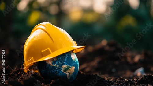 A yellow hard hat sits atop a globe, symbolizing workplace safety and environmental protection. The image represents the importance of protecting our planet while working safely. photo