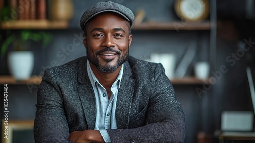 Confident man wearing a hat smiling in a modern office setting photo