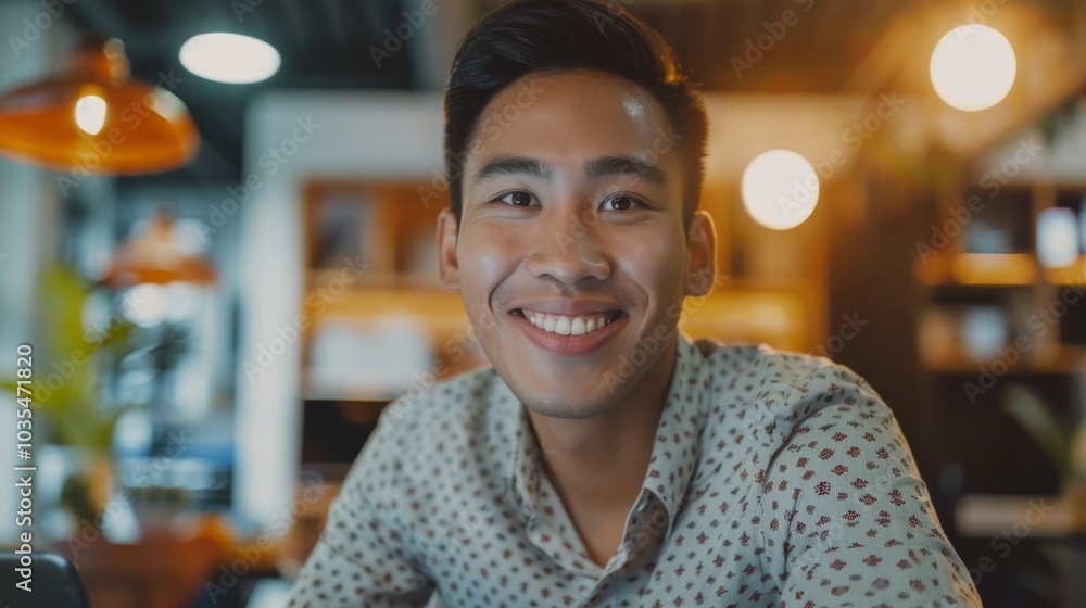 A smiling man in a white shirt with a floral pattern A smiling man in a white shirt with a floral pattern