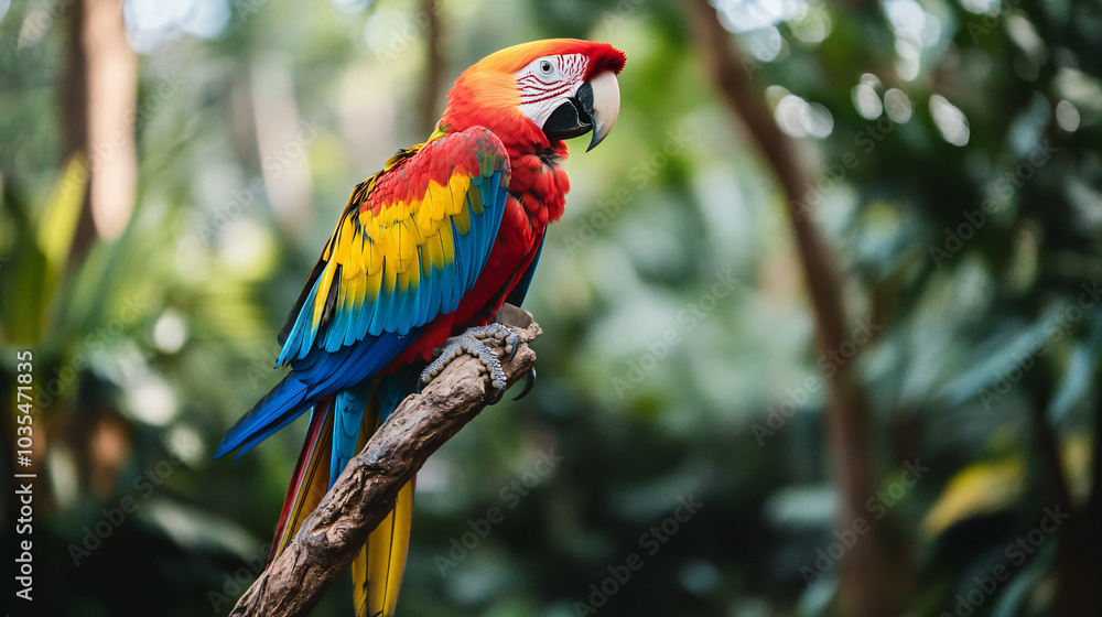 Obraz premium A colorful macaw perched on a branch in the rainforest