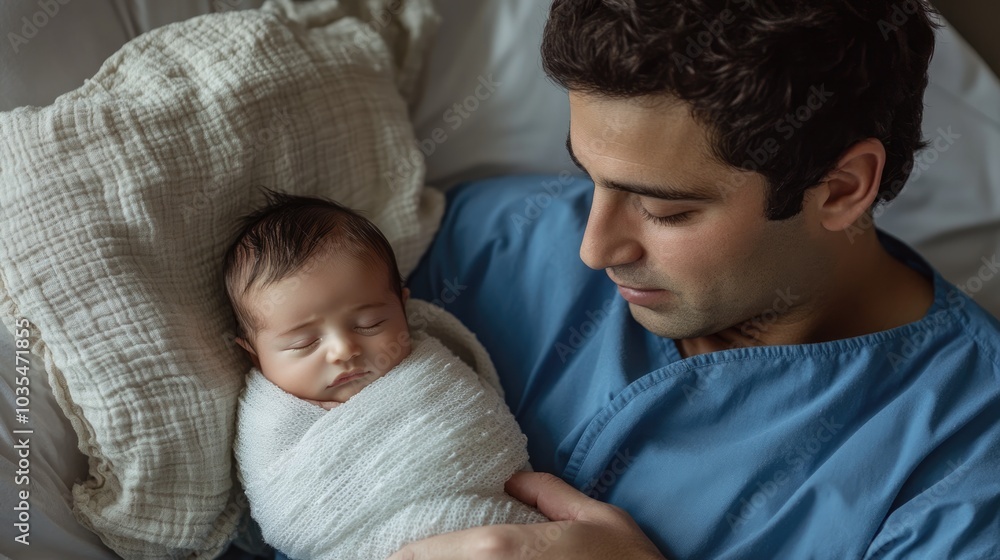 Very realistic photo of a newborn baby swaddled in a soft white blanket, resting peacefully in his father’s arms The father, dressed in a blue hospital gown, gazes at his baby with love and serenity Very realistic photo of a newborn baby swaddled in a soft white blanket, resting peacefully in his father’s arms The father, dressed in a blue hospital gown, gazes at his baby with love and serenity