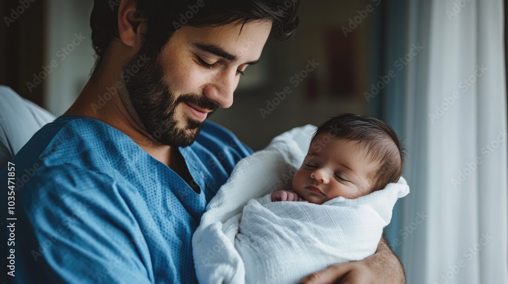 Very realistic photo of a peaceful newborn baby wrapped in a white blanket, held by his father in a blue hospital gown The father looks down at his baby with a gentle smile, creating a heartwarming Very realistic photo of a peaceful newborn baby wrapped in a white blanket, held by his father in a blue hospital gown The father looks down at his baby with a gentle smile, creating a heartwarming