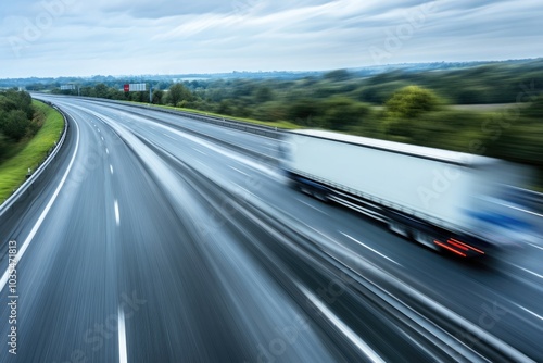 A transport truck racing down a dual carriageway, with motion blur enhancing the feeling of speed and efficiency in logistics operations