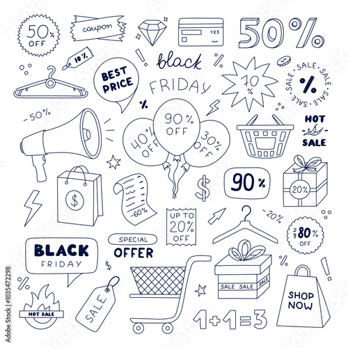 Black Friday hand drawn doodle set for hot sale and big price off. Shopping cart, package, gift box, discount label and tags, sign of percent for business promo offers on internet and shop.