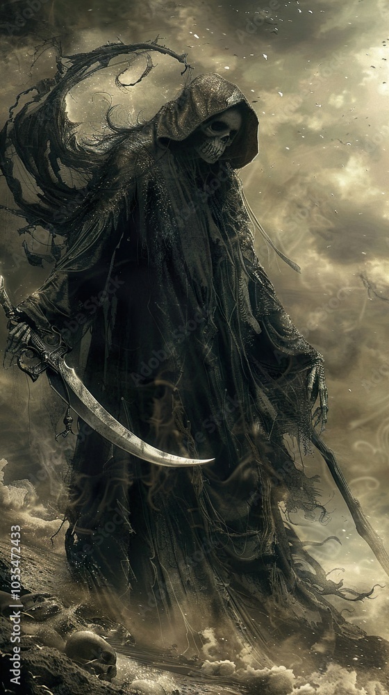 Obraz premium Grim Reaper in a Dark Fantasy Setting: A Haunting Digital Illustration