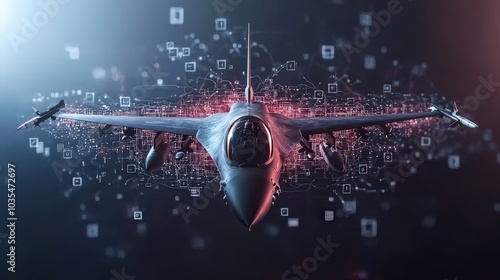 Futuristic Fighter Jet with Digital Technology Overlay