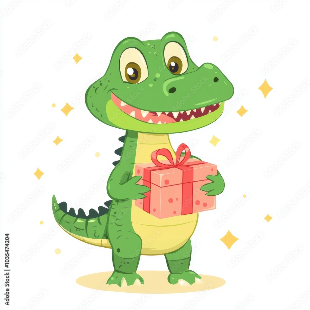 Naklejka premium Cute alligator holding a gift box isolated over white background.