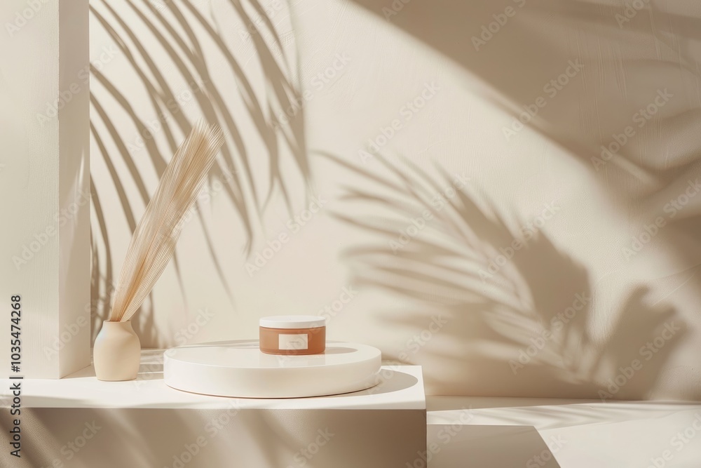 Minimal product display with a focus on leaf shadows and simplicity Minimal product display with a focus on leaf shadows and simplicity