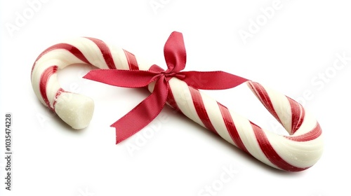A single candy cane with a ribbon, carefully placed on a clean white background 