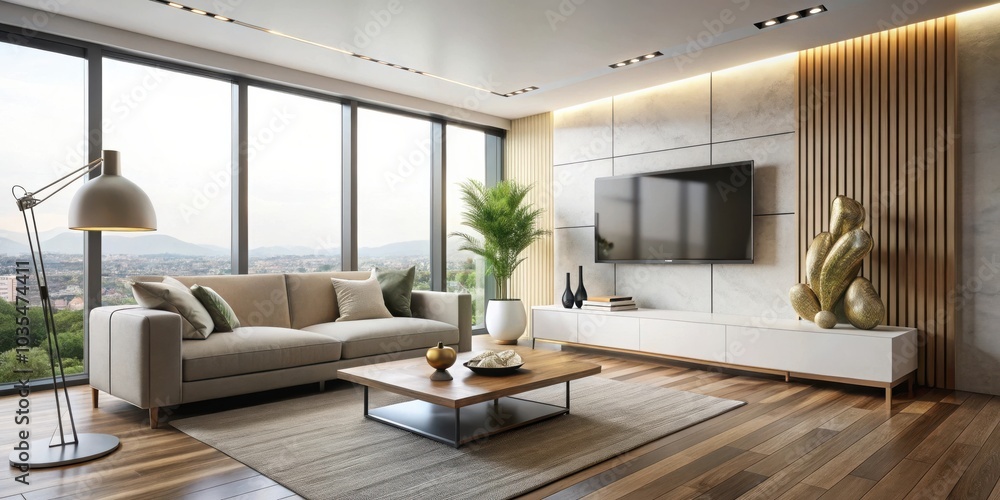 Fototapeta premium A Modern Living Room with a View Featuring a Beige Sofa, a Wooden Coffee Table, and a Flat Screen Television
