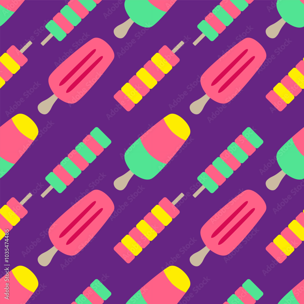 Tasty sorbet ice cream flat cartoon seamless pattern on bright background. Vector illustration. Sweet sticker for street food, confectionery, bar, restaurants, snacks. Tasty sorbet ice cream flat cartoon seamless pattern on bright background. Vector illustration. Sweet sticker for street food, confectionery, bar, restaurants, snacks.