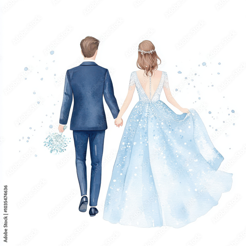 couple holding hands, dressed elegantly for wedding, surrounded by dreamy atmosphere of soft blue tones and delicate sparkles. Their love is beautifully captured in this watercolor illustration couple holding hands, dressed elegantly for wedding, surrounded by dreamy atmosphere of soft blue tones and delicate sparkles. Their love is beautifully captured in this watercolor illustration