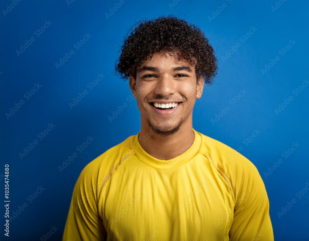 Portrait of Young Handsome Man Happily Smiling Against Blue Studio Background Portrait of Young Handsome Man Happily Smiling Against Blue Studio Background
