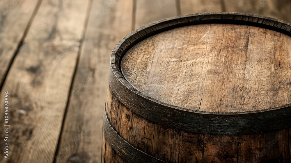 Wooden barrel on rustic wooden surface, perfect for vintage or rustic themes. Wooden barrel on rustic wooden surface, perfect for vintage or rustic themes.