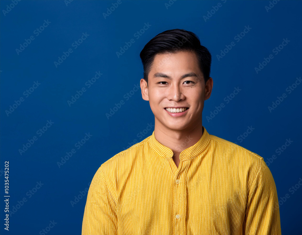 Portrait of Young Handsome Man Happily Smiling Against Blue Studio Background Portrait of Young Handsome Man Happily Smiling Against Blue Studio Background