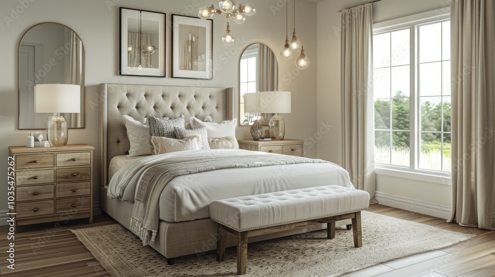 An elegant coastal Scandinavian bedroom featuring a double bed with an upholstered headboard bedside tables