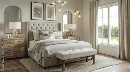 Obraz na płótnie An elegant coastal Scandinavian bedroom featuring a double bed with an upholstered headboard bedside tables w salonie