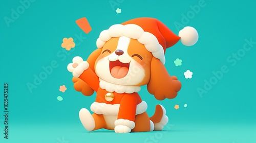 Happy Cartoon Dog banner Dressed as Santa Claus Sitting on Isolated Background