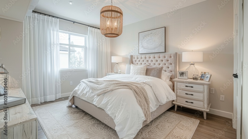 An elegant coastal Scandinavian bedroom featuring a double bed with an upholstered headboard bedside tables