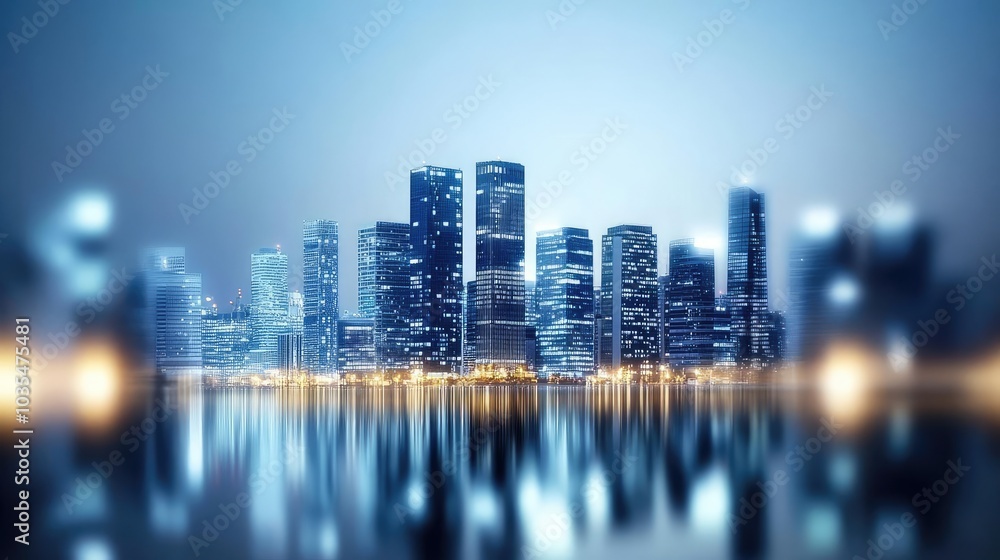 Fototapeta premium Blurred City Skyline at Night with Illuminated Buildings