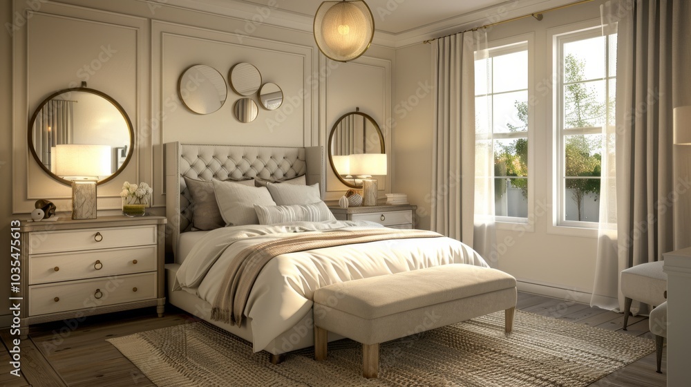 An elegant coastal Scandinavian bedroom featuring a double bed with an upholstered headboard bedside tables